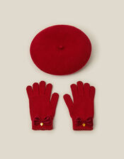 Velvet Bow Beret & Gloves Set, Red (RED), large