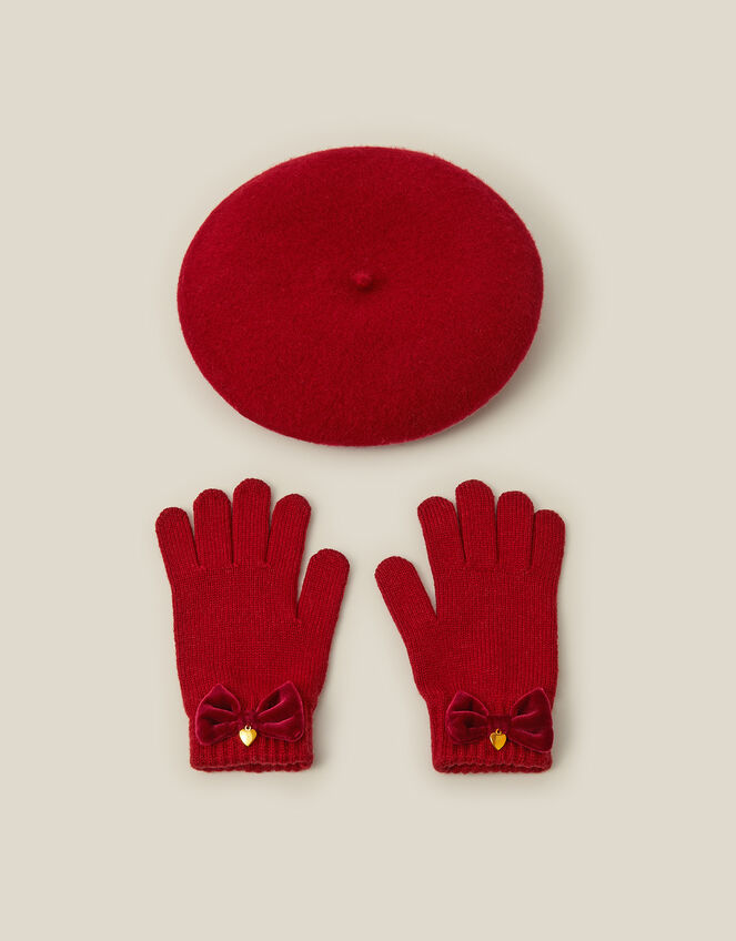 Velvet Bow Beret & Gloves Set, Red (RED), large
