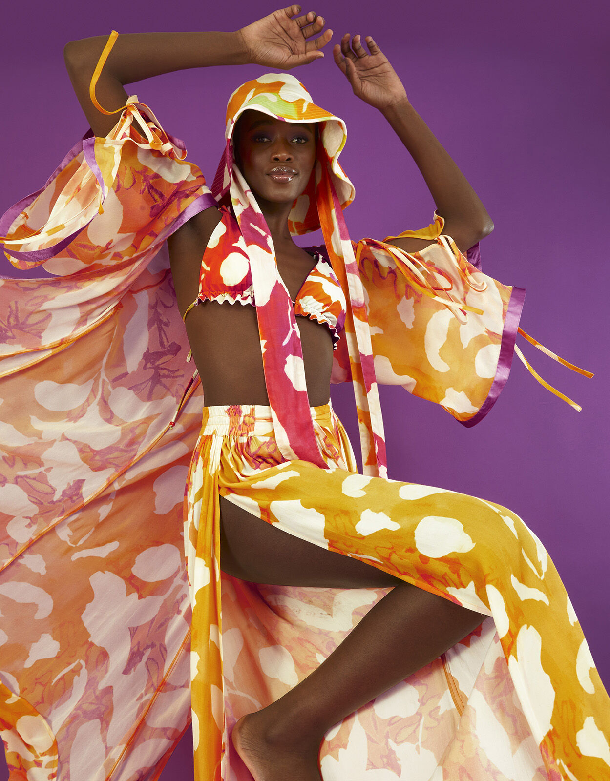 Abstract Print Side Split Trousers Orange Beachwear Swimwear