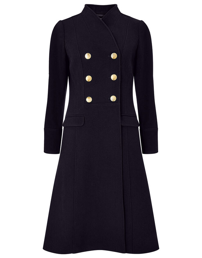 Rosaline Long Military Coat in Wool Blend, Blue (NAVY), large