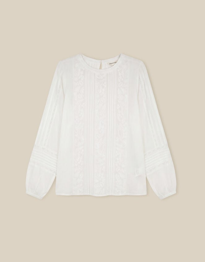 Vita Floral Embroidered Pintuck Top, White (WHITE), large