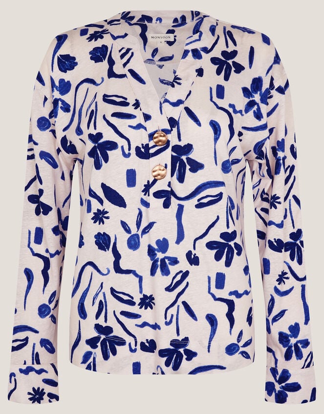 Ulla Floral Linen-Blend Top, Ivory (IVORY), large