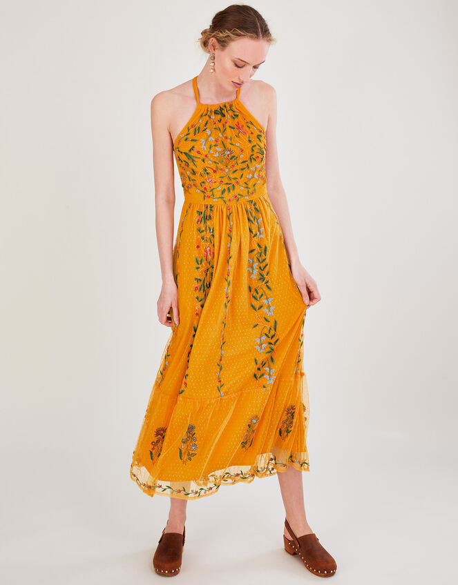 Harlow Halter Embroidered Dress, Yellow (OCHRE), large