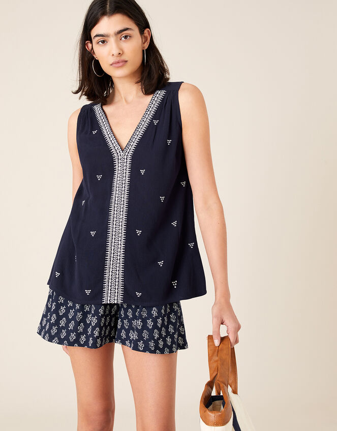 Embroidered Tank Top in LENZING™ ECOVERO™, Blue (NAVY), large