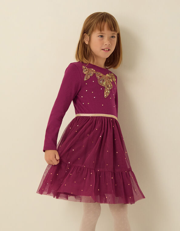 Bow Embellished Long Sleeve Disco Dress, Red (BURGUNDY), large