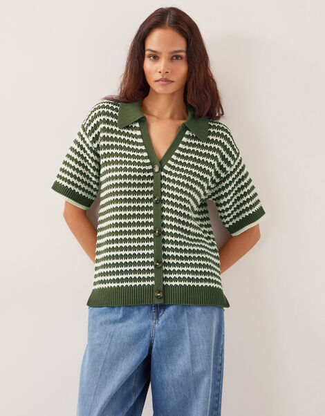 Cally Stripe Collar Jumper, Green (KHAKI), large
