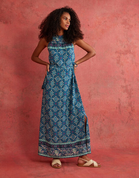 Geometric Tile Print Halter Maxi Dress, Teal (TEAL), large