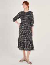 Geometric Print ¾ Sleeve Shirred Dress in LENZING™ ECOVERO™, Black (BLACK), large