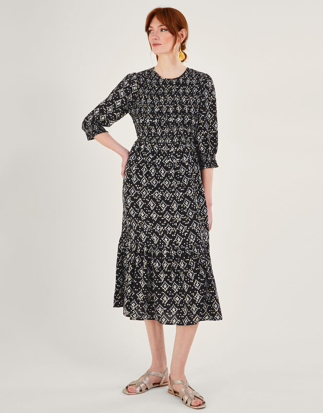 Geometric Print ¾ Sleeve Shirred Dress in LENZING™ ECOVERO™, Black (BLACK), large