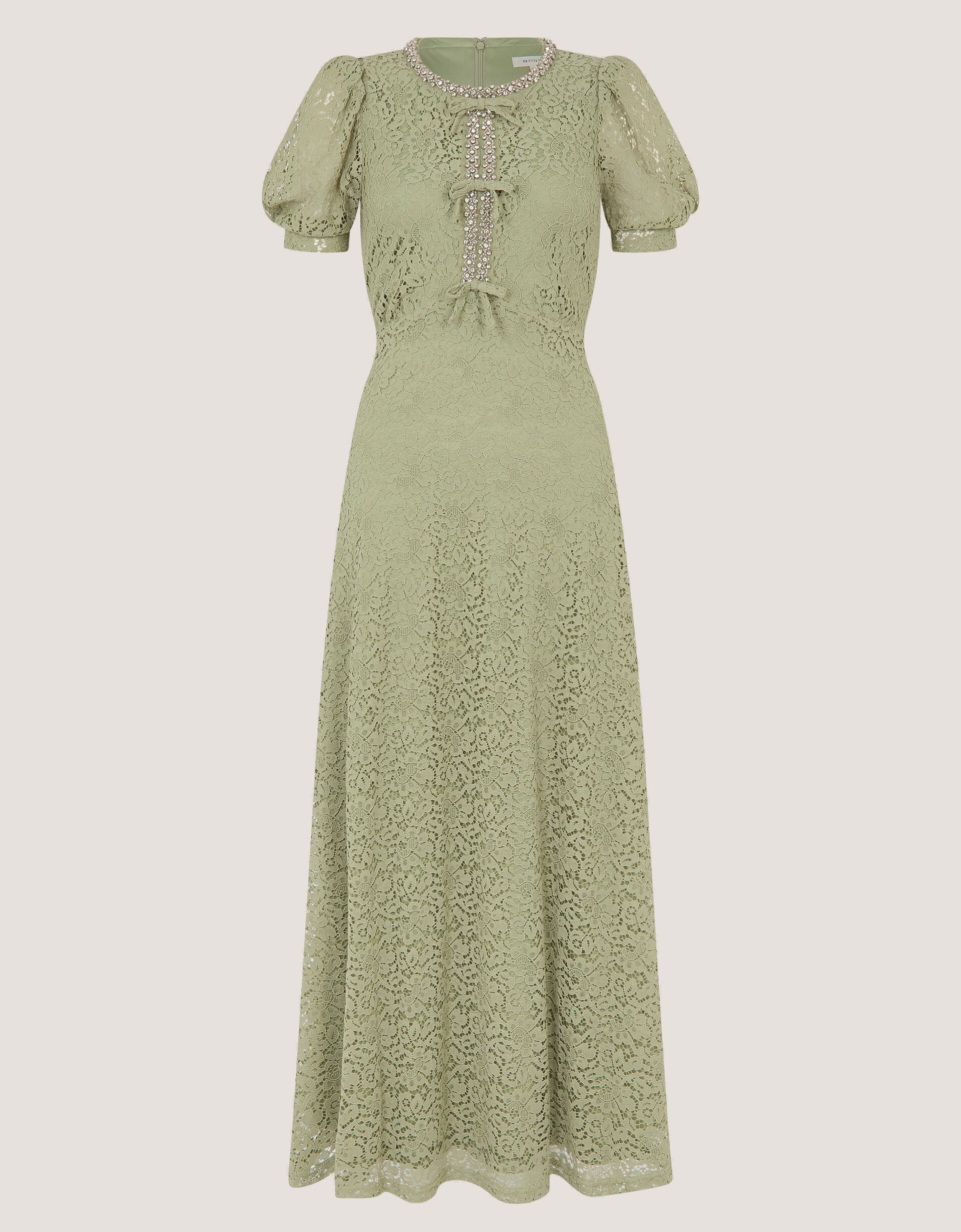 Celina Puff Sleeve Lace Midi Dress Green | Evening Dresses