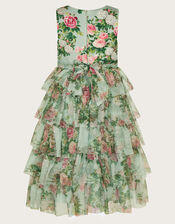 Flora Rose Print Tiered Tulle Dress, Green (GREEN), large