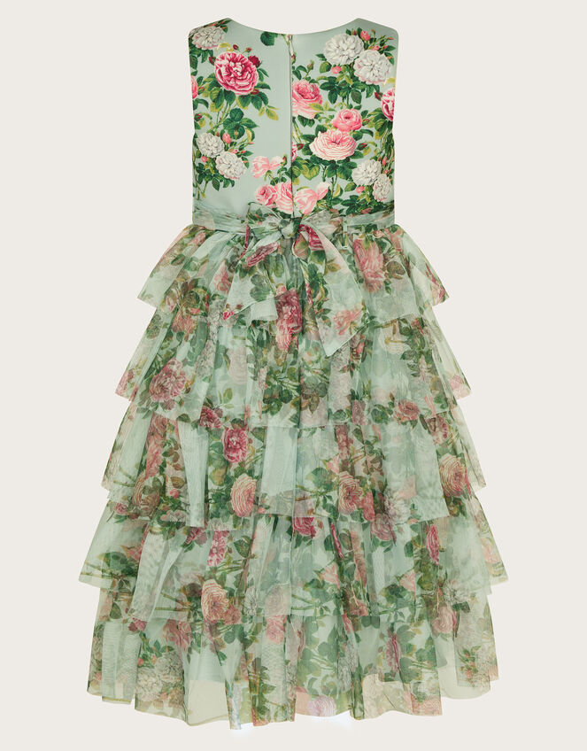 Flora Rose Print Tiered Tulle Dress, Green (GREEN), large