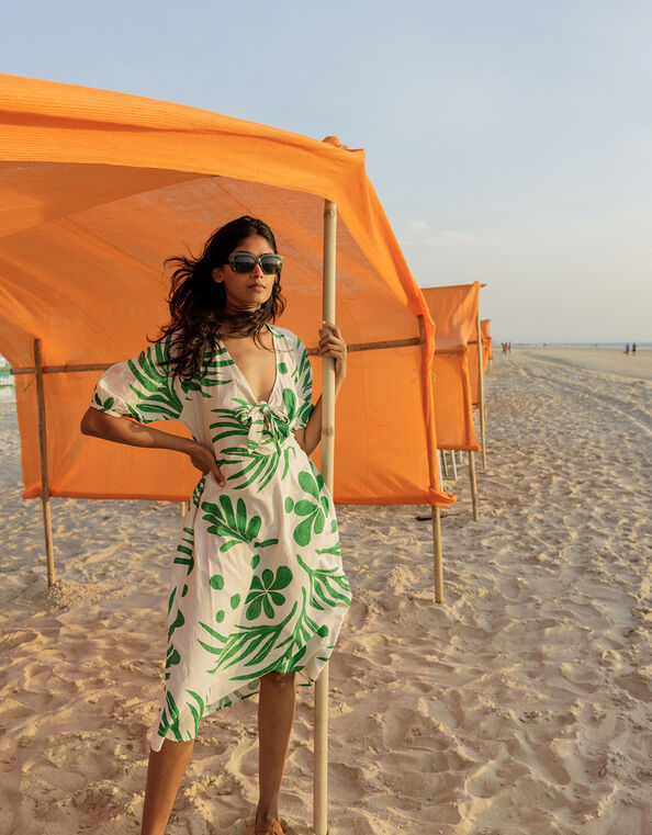 Abstract Palm Print Tie Front Midi Dress, Green (GREEN), large