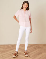 Tie Neck Short Sleeve Blouse, Pink (BLUSH), large