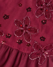 Floral Embellished Long Sleeve Mesh Dress, Red (BURGUNDY), large