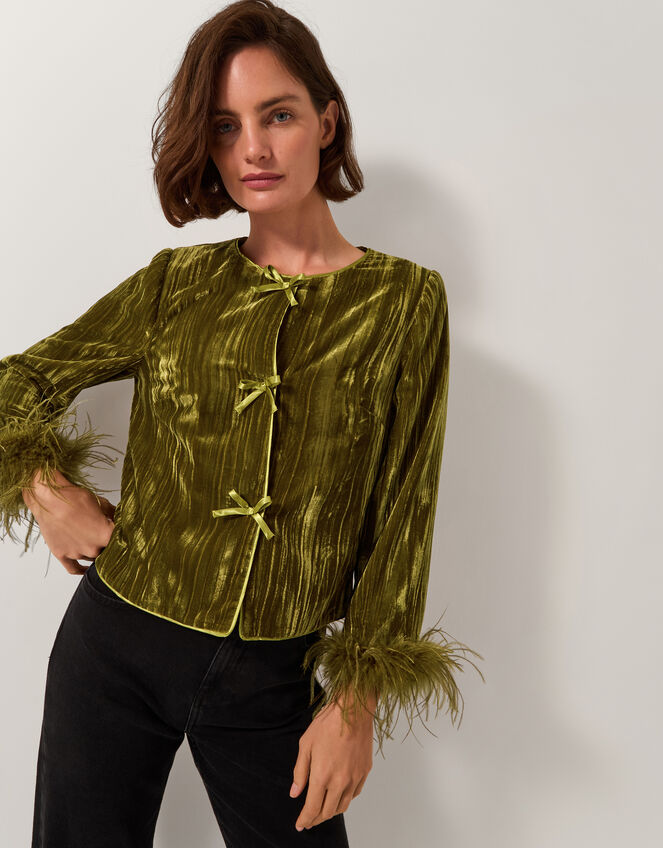 Olivia Feather Cuff Velvet Jacket, Green (OLIVE), large