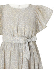 Alanis Animal Flutter Sleeve Dress, Grey (GREY), large