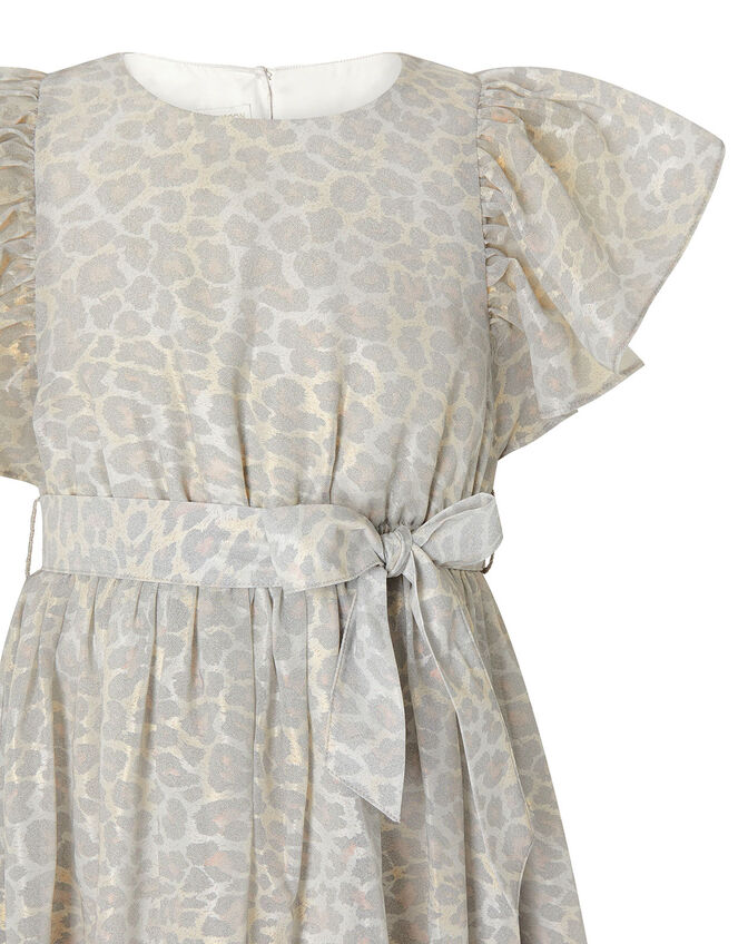 Alanis Animal Flutter Sleeve Dress, Grey (GREY), large