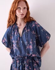 East Layla Floral Print Cotton Top, Blue (BLUE), large