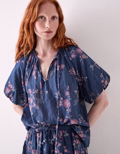 East Layla Floral Print Cotton Top, Blue (BLUE), large