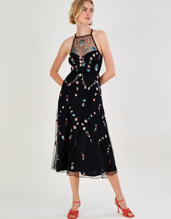 Allison Embroidered Midi Dress, Black (BLACK), large