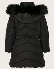 Belted Faux Fur Hooded Coat, Black (BLACK), large