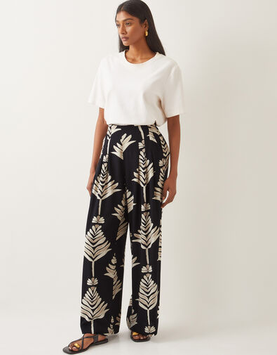 Pamela Leaf Print Wide Leg Pants, Black (BLACK), large