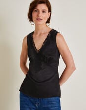 Carly Satin Lace Cami Top, Black (BLACK), large