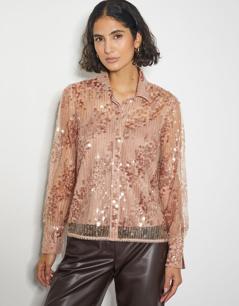 Gwen Sheer Sequin Shirt, Pink (PINK), large