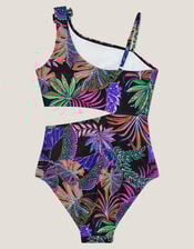 Tropical Print Asymmetrical Cut-Out Swimsuit, Black (BLACK), large