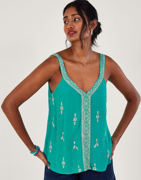 Wide Strap Embroidered V-Neck Cami in LENZING™ ECOVERO™, Blue (TURQUOISE), large