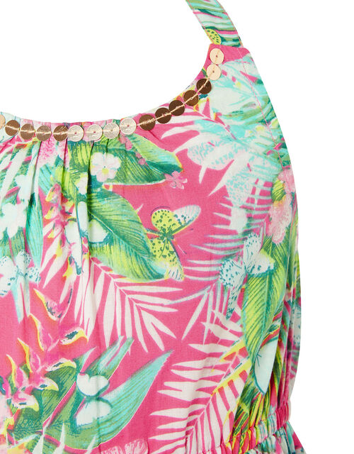 Palm Print Halter Midi Dress in Organic Cotton, Pink (PINK), large