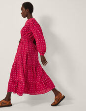 Poppy Long Sleeve Tiered Midi Dress, Red (RED), large