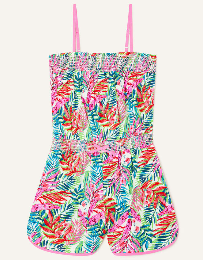 Palm Print Shirred Playsuit in Recycled Polyester, Green (GREEN), large