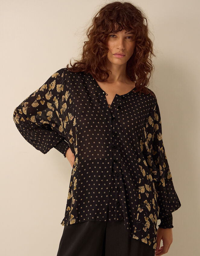 Clemence Amelie Batwing Sleeve Contrast Print Blouse, Black (BLACK), large