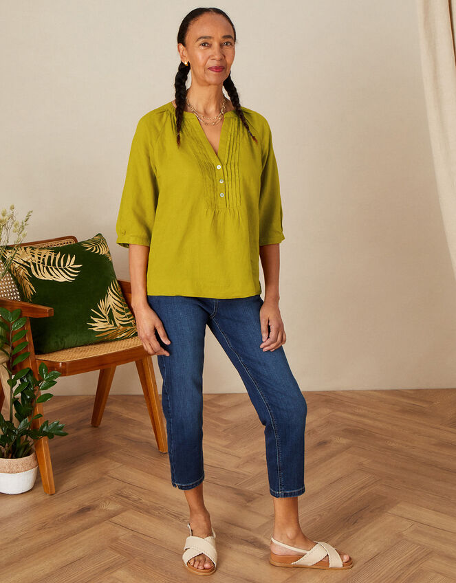 Linen Pintuck Blouse, Green (CHARTREUSE), large