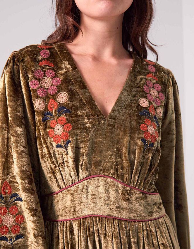 East Sophia Floral Embroidered Velvet Midi Dress, Green (GREEN), large