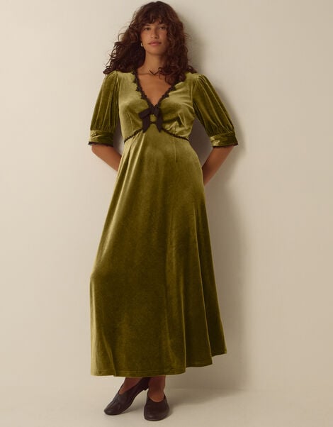 Vera V-Neck Velvet Midi Dress, Green (OLIVE), large