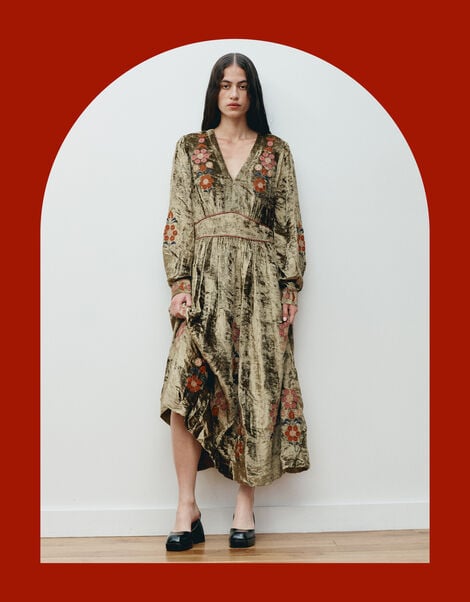 East Sophia Floral Embroidered Velvet Midi Dress, Green (GREEN), large