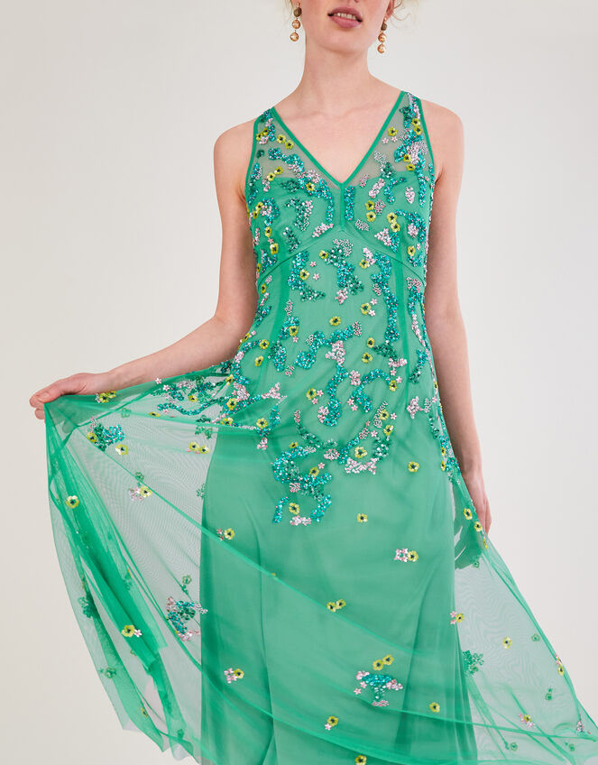 Amanda Embellished Midi Dress in Recycled Polyester, Green (GREEN), large