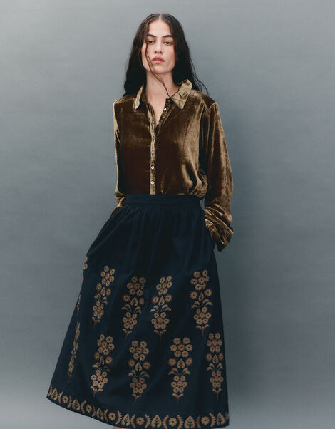 East Sophia Floral Embroidered Midi Skirt, Blue (NAVY), large