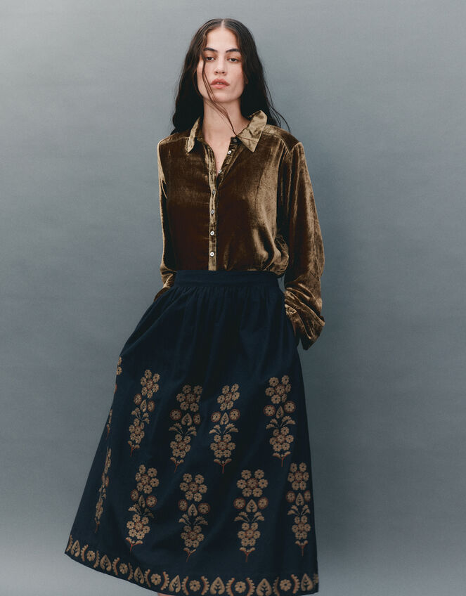 East Sophia Floral Embroidered Midi Skirt, Blue (NAVY), large