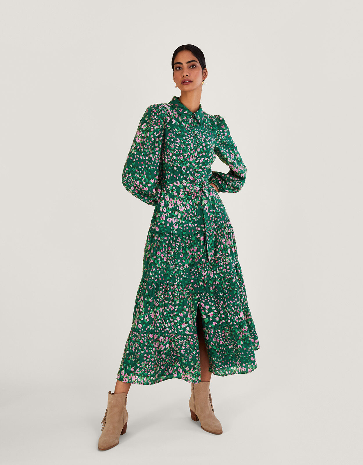 Gracelynn Feather Print Shirt Dress Green