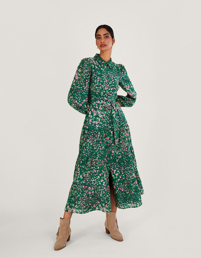 Gracelynn Feather Print Shirt Dress, Green (GREEN), large