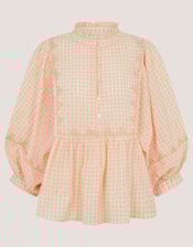 Jemima Embroidered Gingham Blouse, Orange (PEACH), large