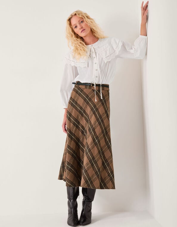 Willa Check Midi Skirt, Camel (CAMEL), large