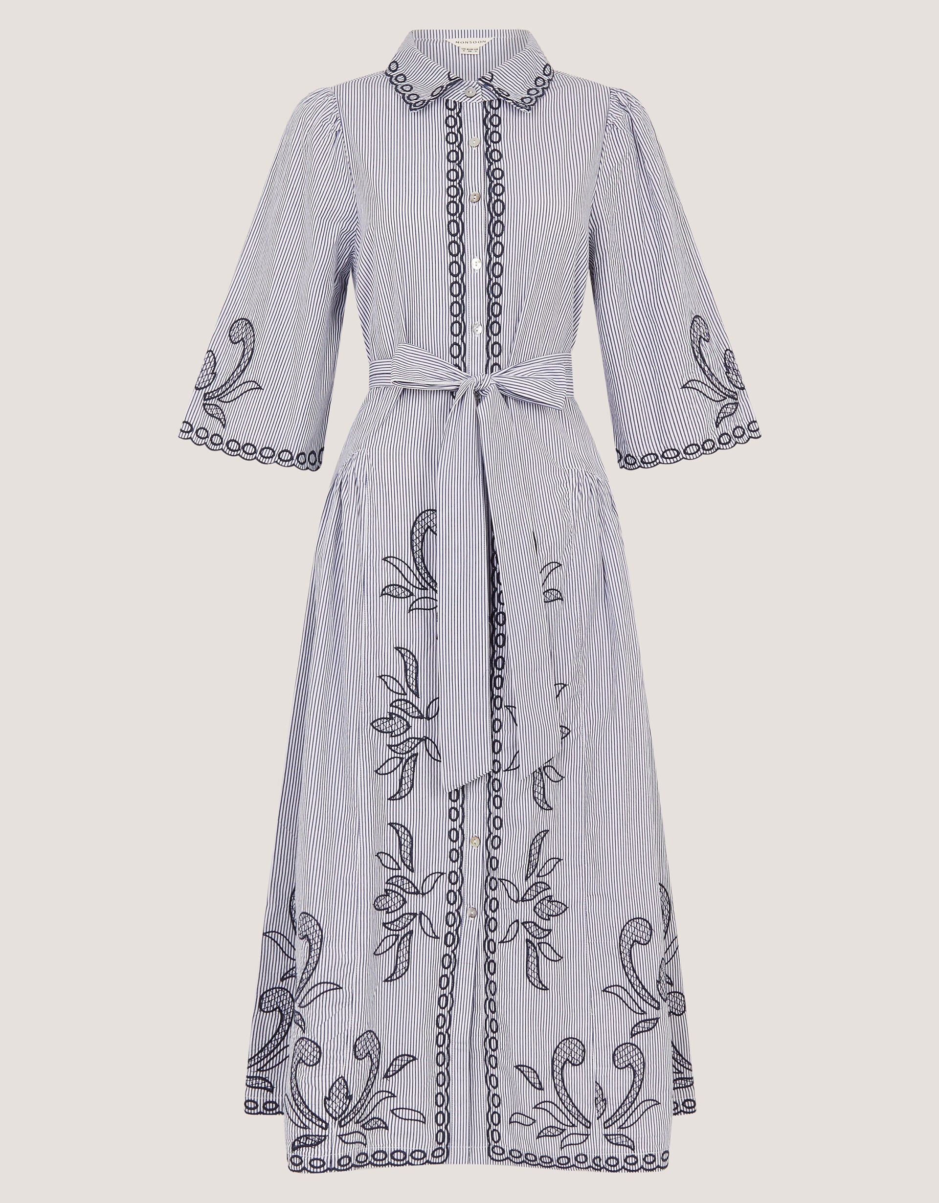 Kirsty Embroidered Stripe Midi Shirt Dress Blue | Day Dresses