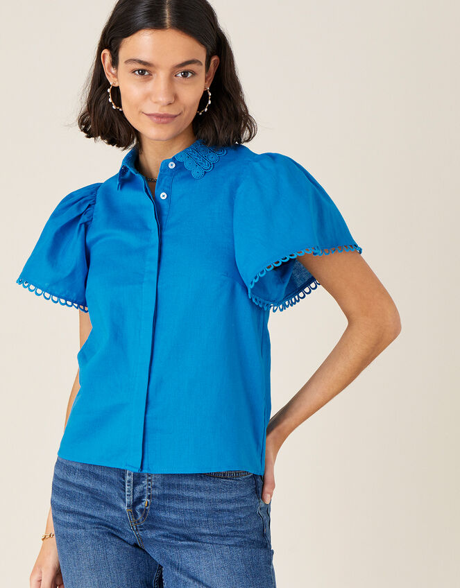 Lace Collar Shirt in Linen Blend, Blue (BLUE), large