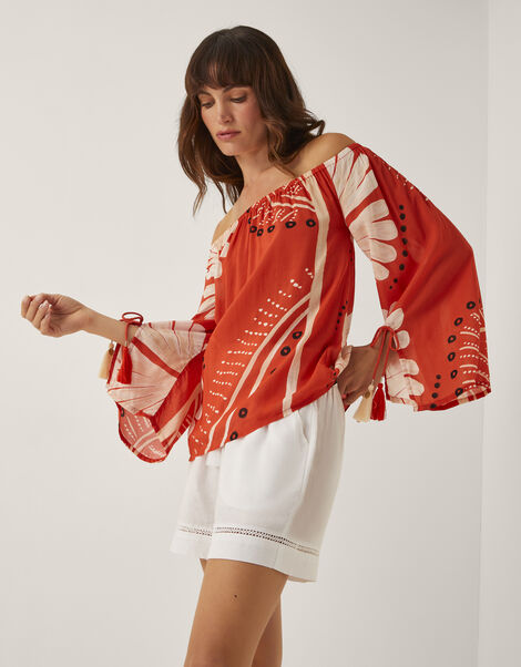 Nara Print Bardot Top, Orange (RUST), large