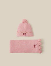 Embroidered Bow Bobble Hat & Scarf Set, Pink (PINK), large